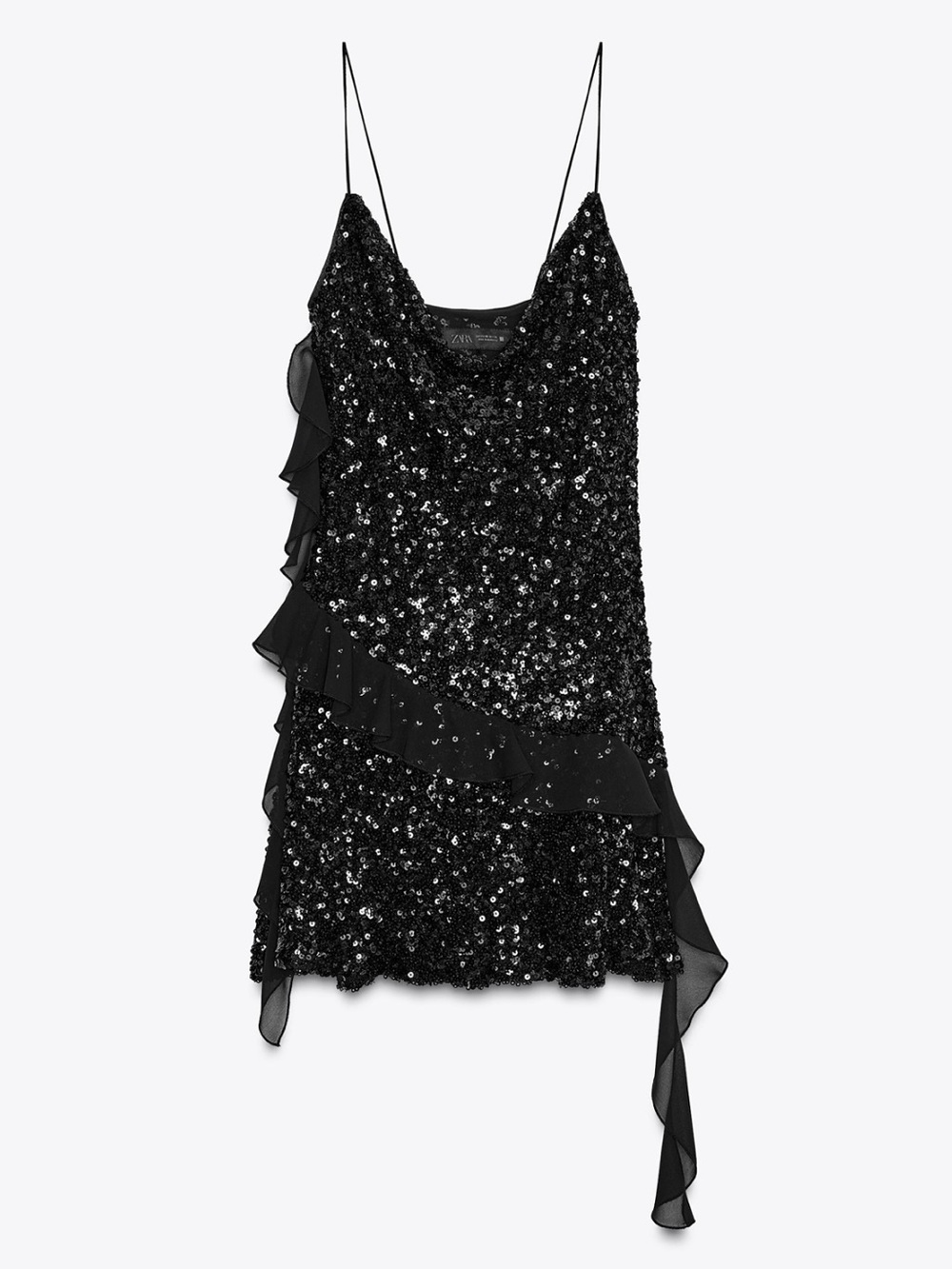 Zara Black Sequin Ruffle Slip Mini Dress